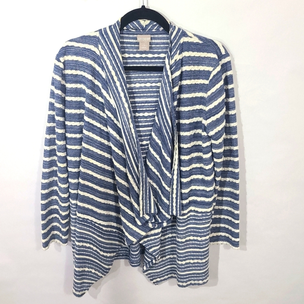 Chicos Women's Size 0 Blue and White Stripped Wrap Sweater Duster